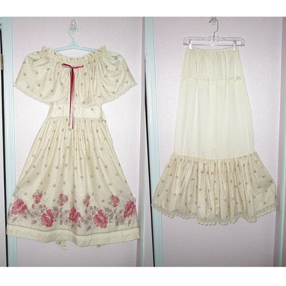 Vintage America Dresses & Skirts - 70s Vtg Midi Dress & Petticoat Size XXS Tiered 2 Piece Cottagecore Boho Prairie